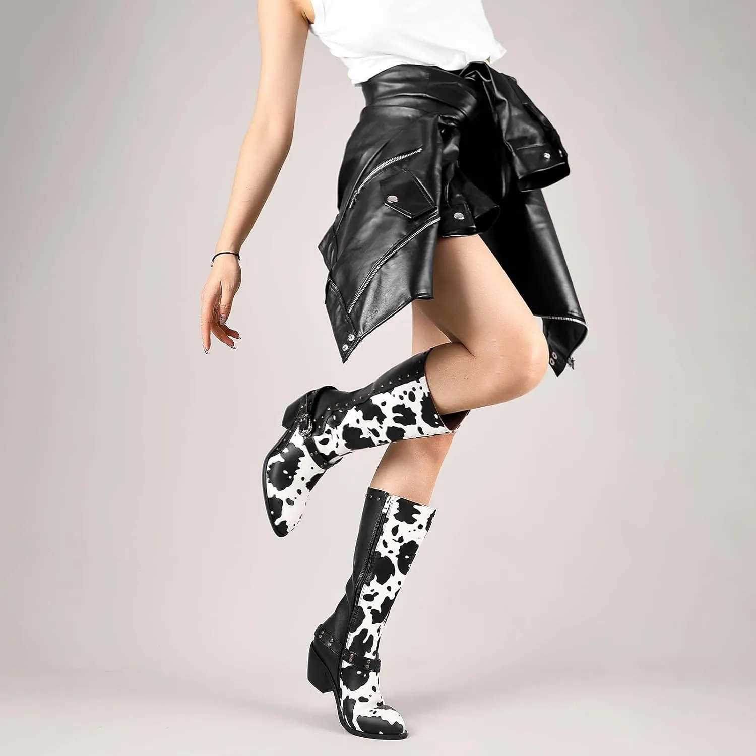 Cozivwaiy Cow Print Boots Women Studded Mid Calf Buckle Biker Boots Chunky Heel Zipper