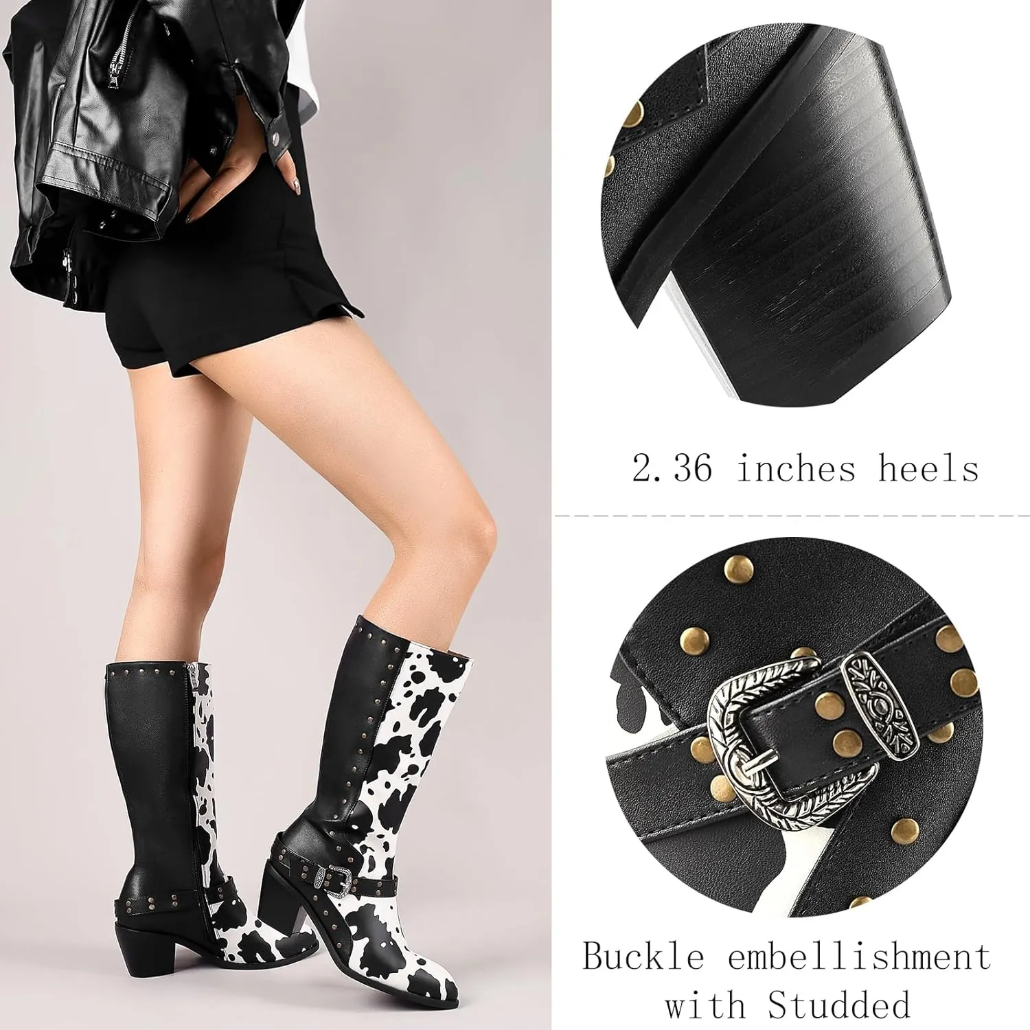 Cozivwaiy Cow Print Boots Women Studded Mid Calf Buckle Biker Boots Chunky Heel Zipper