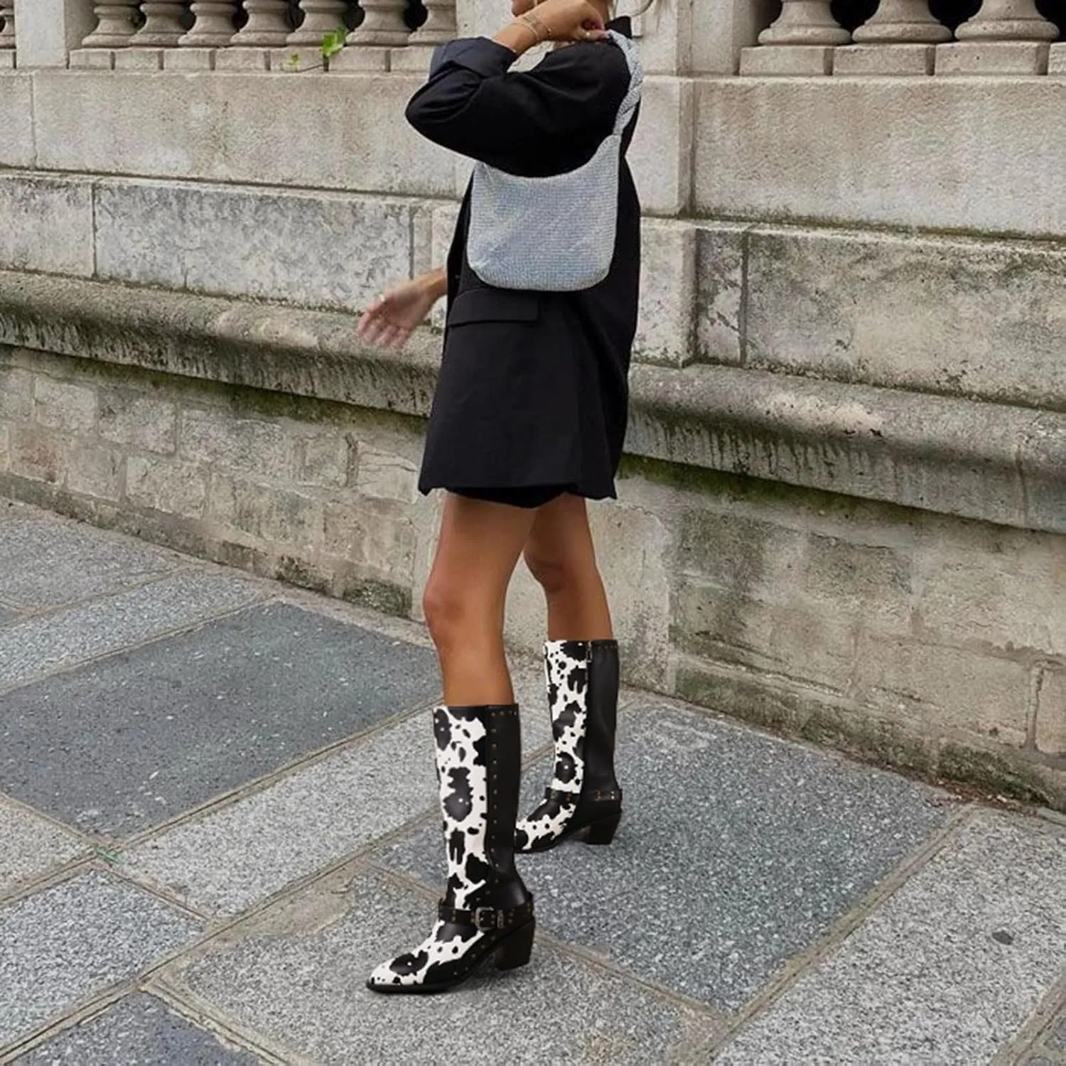 Cozivwaiy Cow Print Boots Women Studded Mid Calf Buckle Biker Boots Chunky Heel Zipper