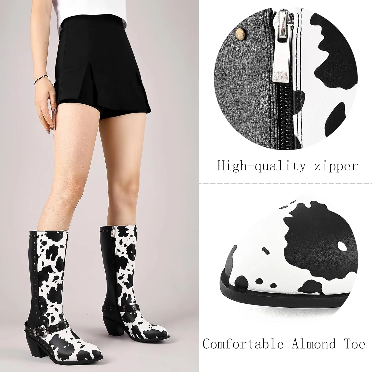 Cozivwaiy Cow Print Boots Women Studded Mid Calf Buckle Biker Boots Chunky Heel Zipper
