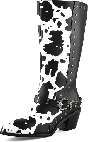 Cozivwaiy Cow Print Boots Women Studded Mid Calf Buckle Biker Boots Chunky Heel Zipper