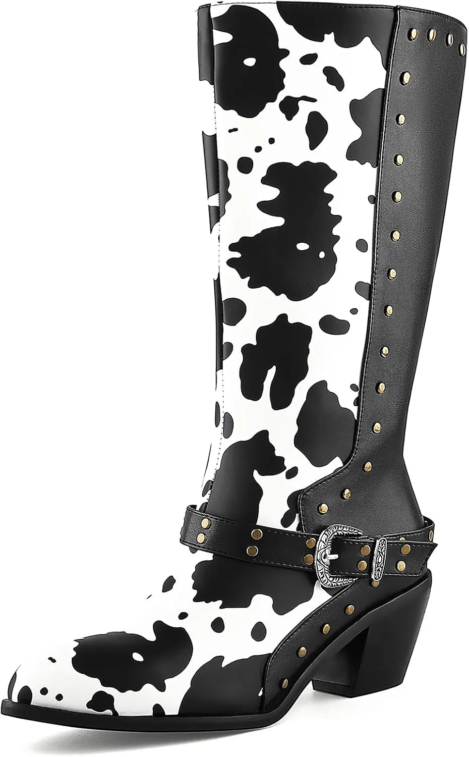 Cozivwaiy Cow Print Boots Women Studded Mid Calf Buckle Biker Boots Chunky Heel Zipper