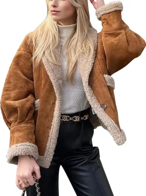 COZYPOIN Women's Suede Jacket Faux Shearing Jacket Thick Lined Parka Winter Coat Leather Jacket