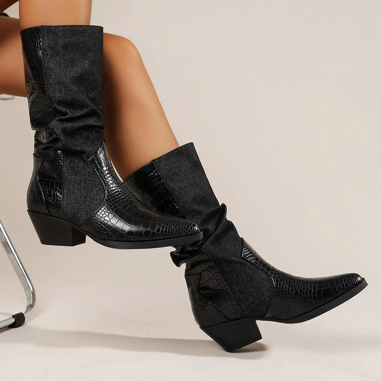 Crzidha Slouchy Mid Calf Boots for Women,Stylish Faux Snakeskin Patchwork Boots Pointed Toe Chunky Mid Heel Stacked Pull On Wide Calf Boots Casual Fashion Winter Fall Party Shoes