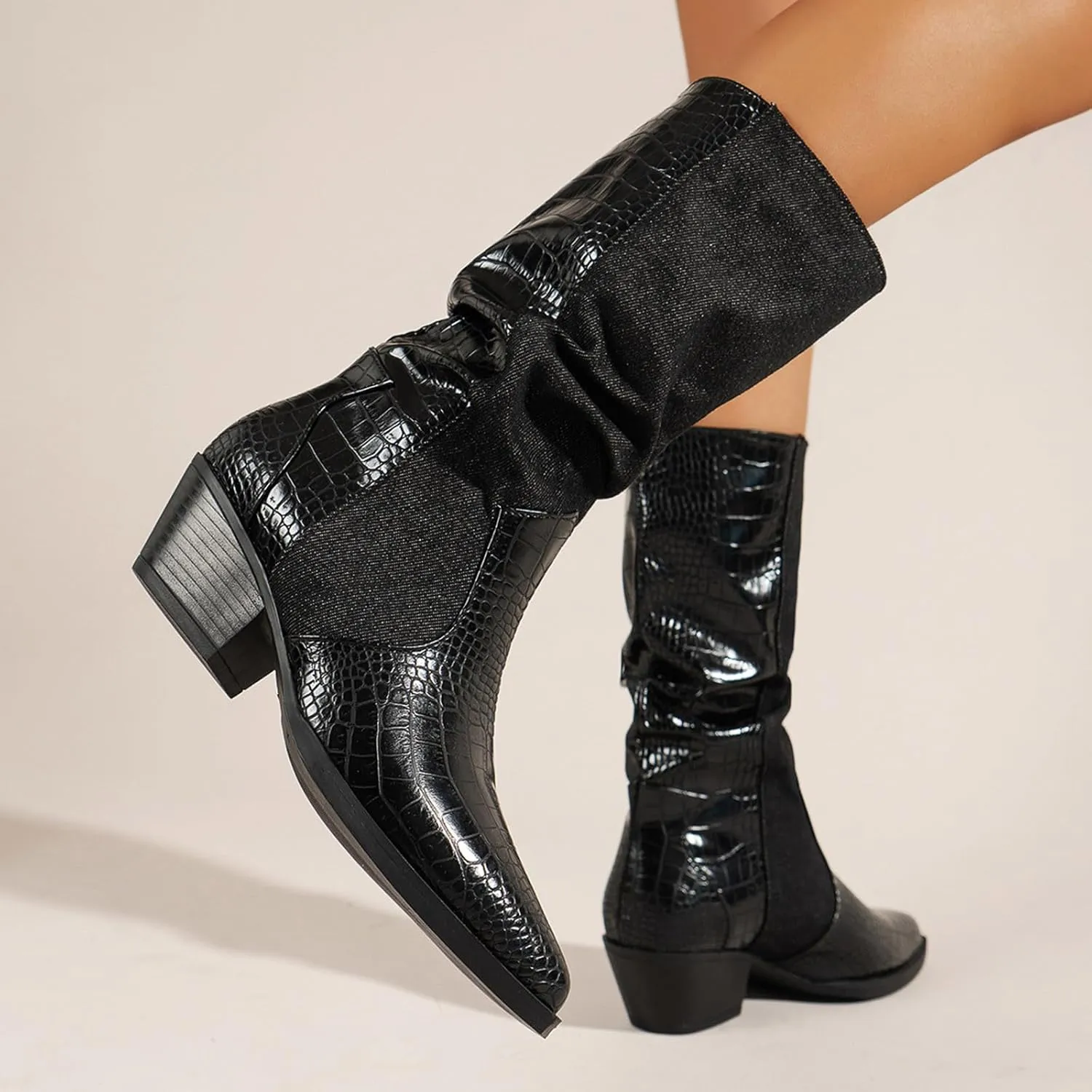 Crzidha Slouchy Mid Calf Boots for Women,Stylish Faux Snakeskin Patchwork Boots Pointed Toe Chunky Mid Heel Stacked Pull On Wide Calf Boots Casual Fashion Winter Fall Party Shoes
