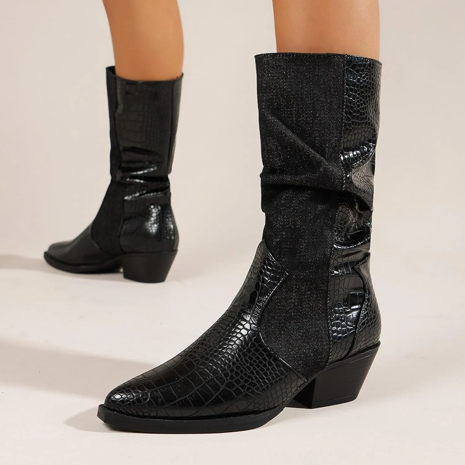 Crzidha Slouchy Mid Calf Boots for Women,Stylish Faux Snakeskin Patchwork Boots Pointed Toe Chunky Mid Heel Stacked Pull On Wide Calf Boots Casual Fashion Winter Fall Party Shoes