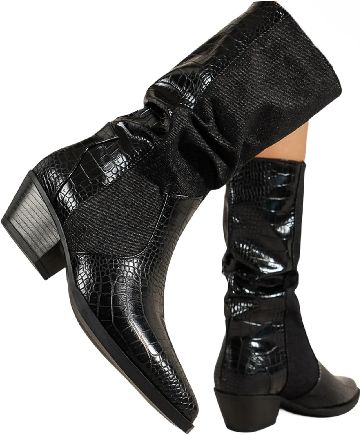Crzidha Slouchy Mid Calf Boots for Women,Stylish Faux Snakeskin Patchwork Boots Pointed Toe Chunky Mid Heel Stacked Pull On Wide Calf Boots Casual Fashion Winter Fall Party Shoes