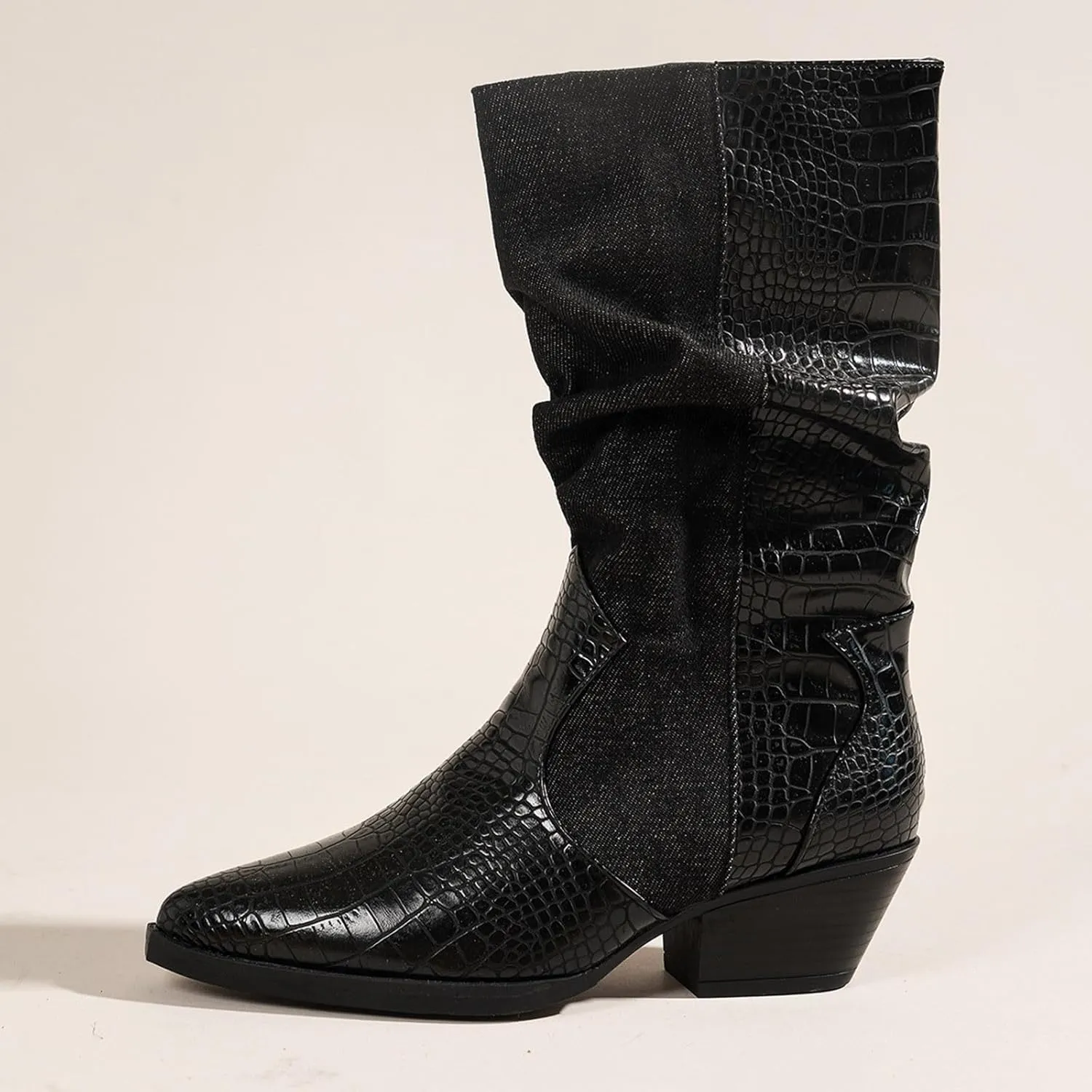 Crzidha Slouchy Mid Calf Boots for Women,Stylish Faux Snakeskin Patchwork Boots Pointed Toe Chunky Mid Heel Stacked Pull On Wide Calf Boots Casual Fashion Winter Fall Party Shoes