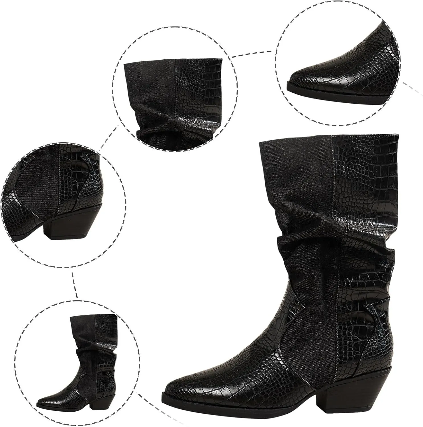 Crzidha Slouchy Mid Calf Boots for Women,Stylish Faux Snakeskin Patchwork Boots Pointed Toe Chunky Mid Heel Stacked Pull On Wide Calf Boots Casual Fashion Winter Fall Party Shoes