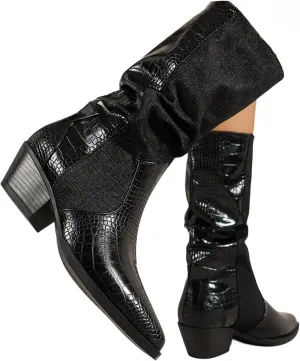 Crzidha Slouchy Mid Calf Boots for Women,Stylish Faux Snakeskin Patchwork Boots Pointed Toe Chunky Mid Heel Stacked Pull On Wide Calf Boots Casual Fashion Winter Fall Party Shoes