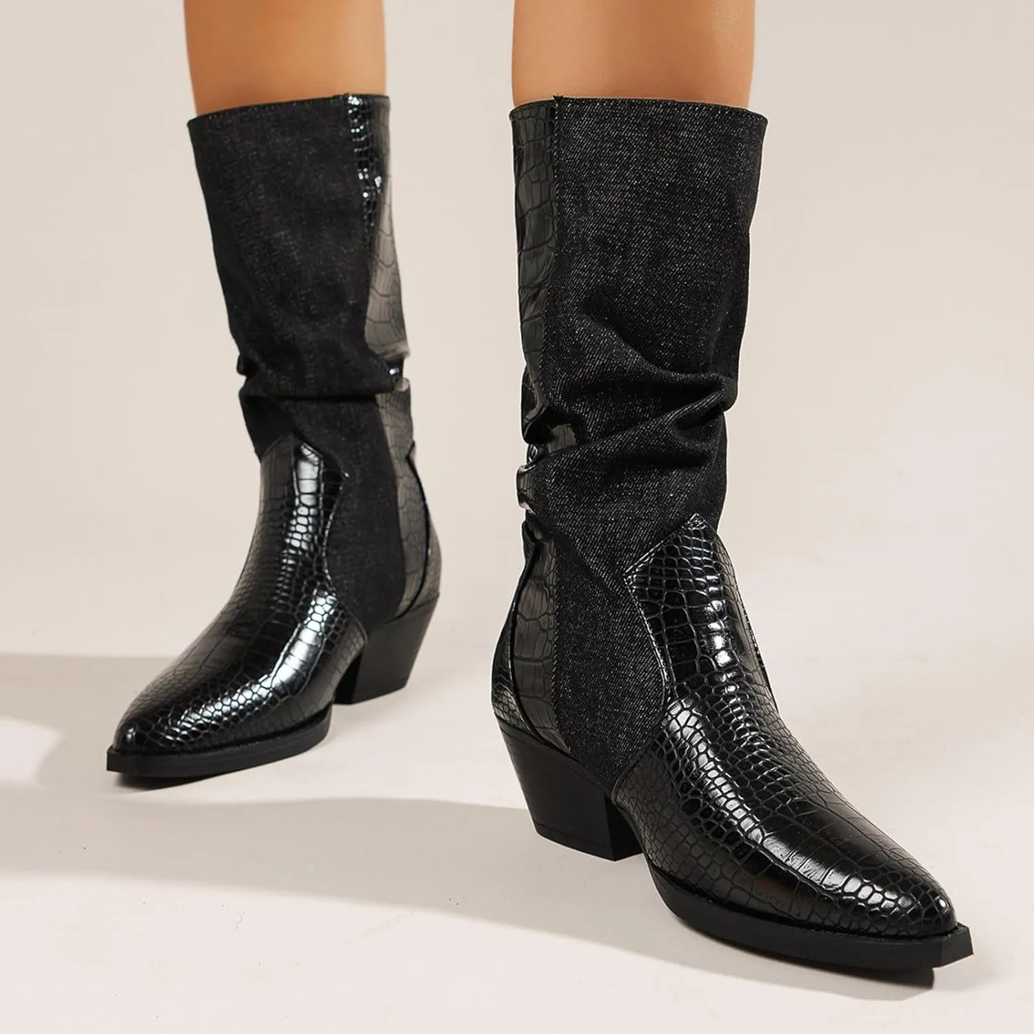 Crzidha Slouchy Mid Calf Boots for Women,Stylish Faux Snakeskin Patchwork Boots Pointed Toe Chunky Mid Heel Stacked Pull On Wide Calf Boots Casual Fashion Winter Fall Party Shoes