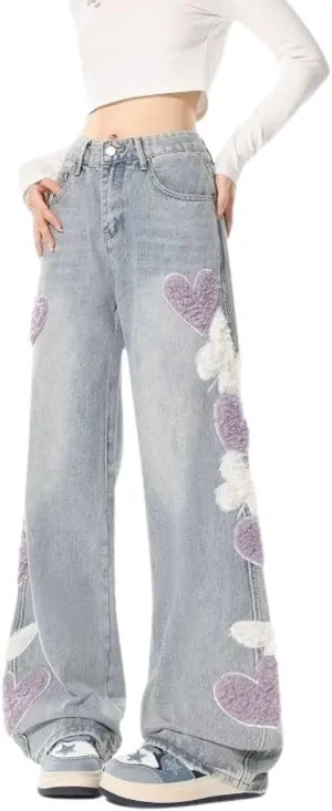 Cute Baggy Jeans Y2k for Women Girls Star Heart Butterfly Pants Aesthetic Streetwear Gothic Clothing