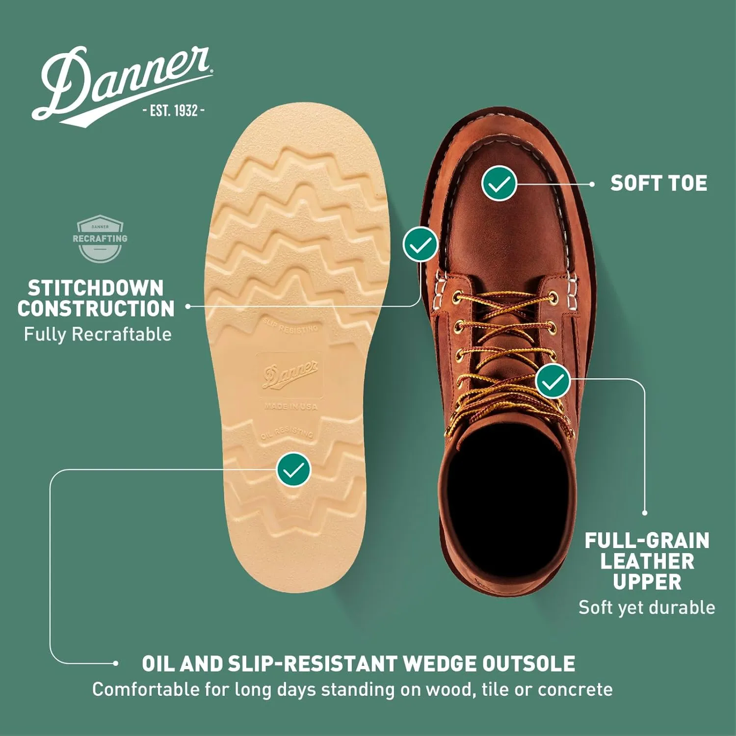 Danner 6” Bull Run Moc Toe Work Boots for Men - Oiled Full-Grain Leather Upper with Non Slip Wedge Outsole and 3-Density Cushion Footbed, EH Resistant