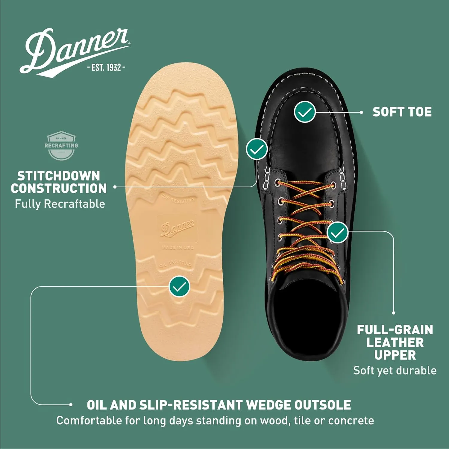 Danner 6” Bull Run Moc Toe Work Boots for Men - Oiled Full-Grain Leather Upper with Non Slip Wedge Outsole and 3-Density Cushion Footbed, EH Resistant