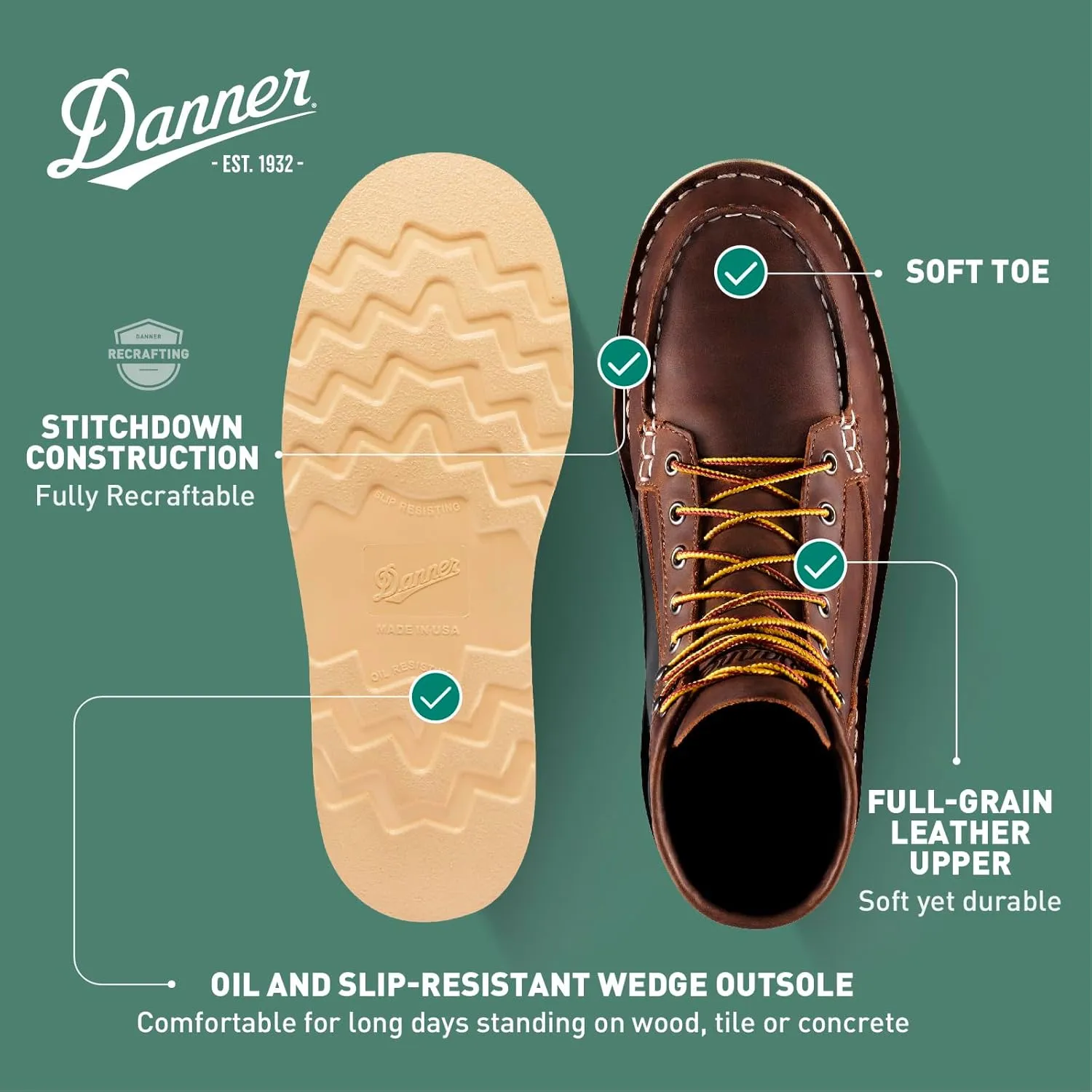 Danner 6” Bull Run Moc Toe Work Boots for Men - Oiled Full-Grain Leather Upper with Non Slip Wedge Outsole and 3-Density Cushion Footbed, EH Resistant