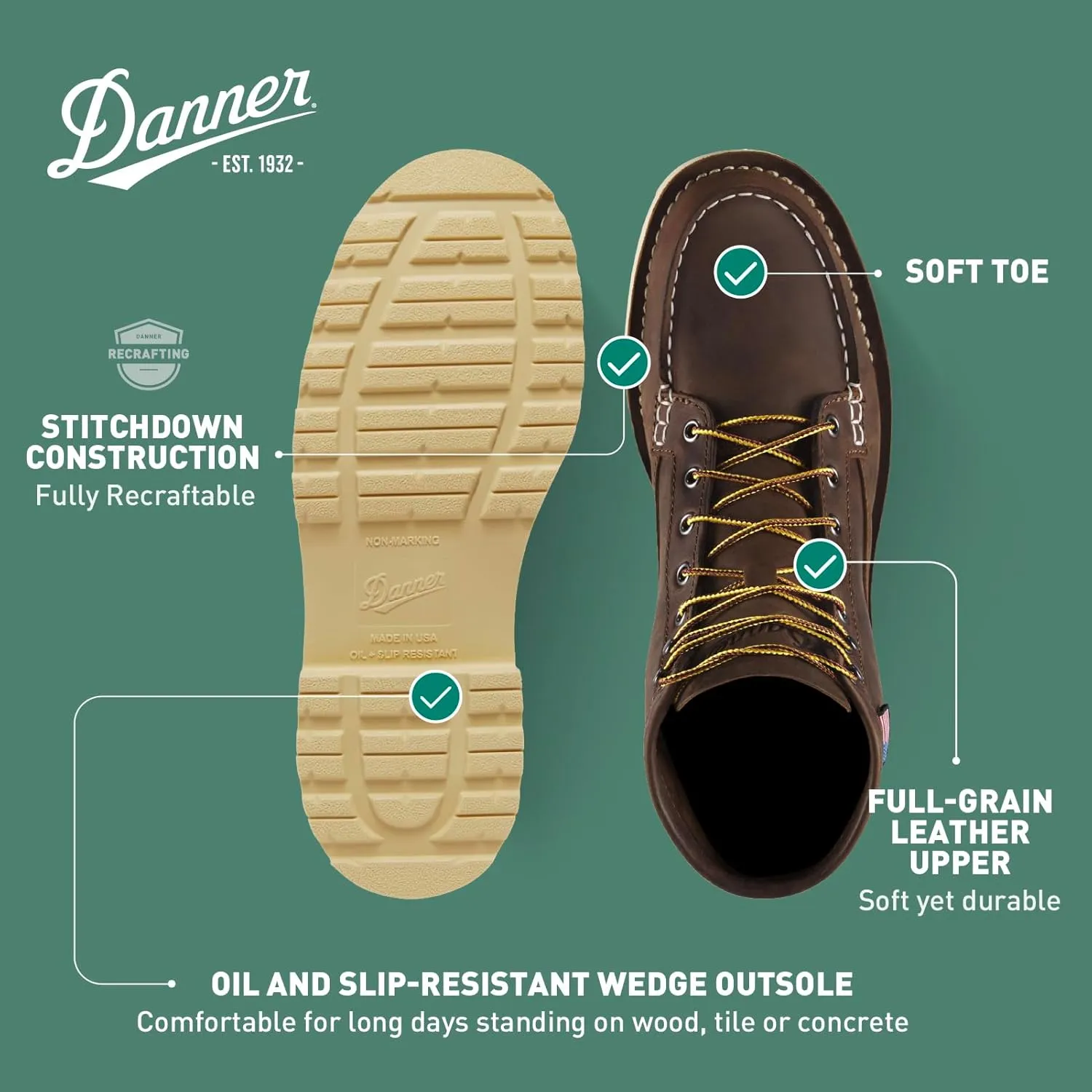 Danner 6” Bull Run Moc Toe Work Boots for Men - Oiled Full-Grain Leather Upper with Non Slip Wedge Outsole and 3-Density Cushion Footbed, EH Resistant