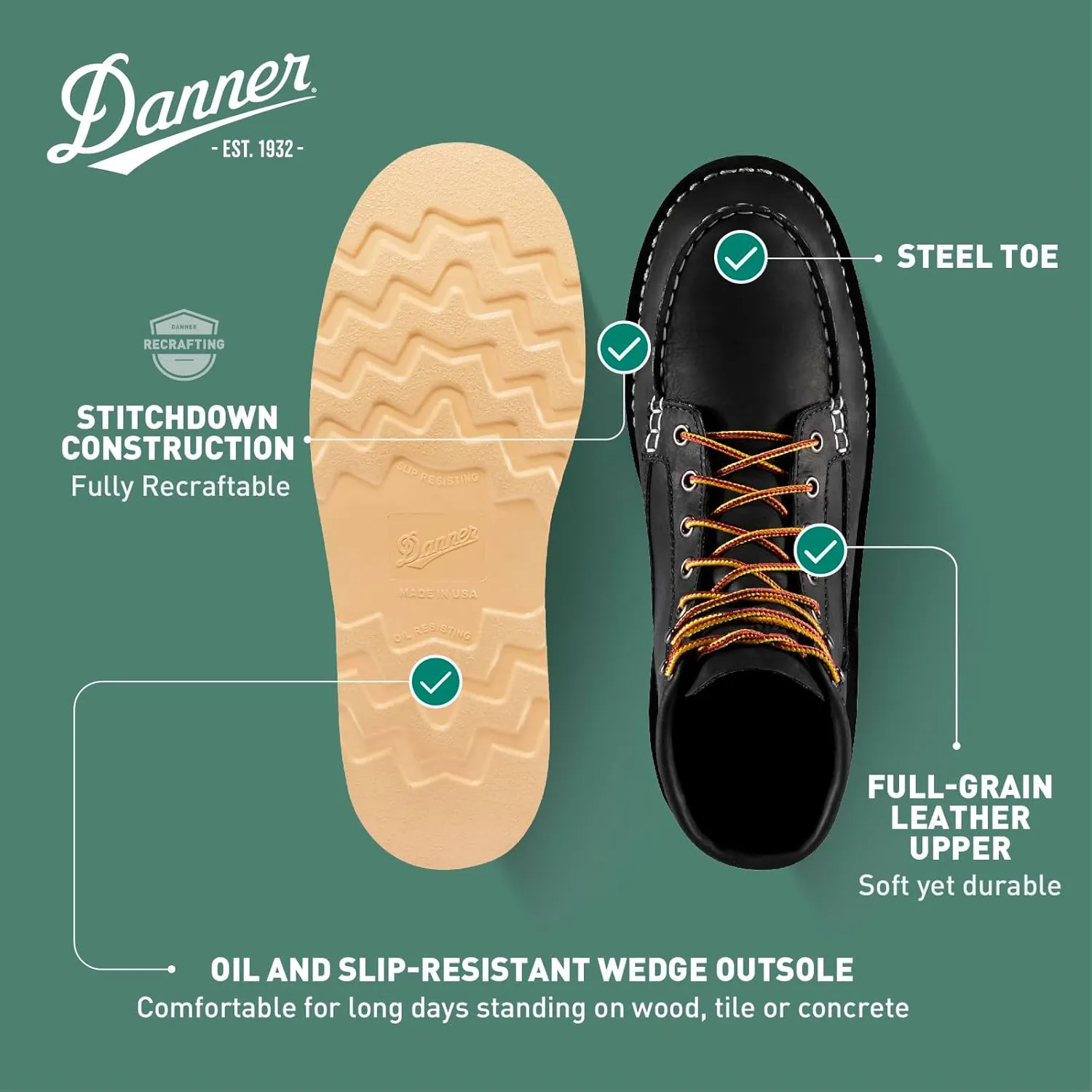 Danner 6” Bull Run Steel Toe Work Boots for Men - Oiled Full-Grain Leather with Non Slip Wedge Outsole and 3-Density Cushion Footbed, EH Resistant
