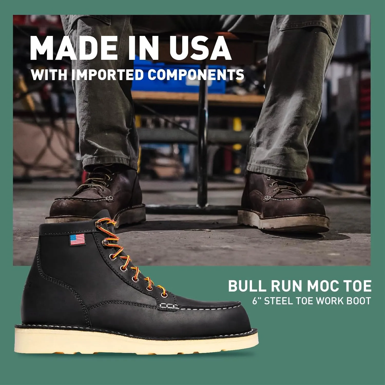 Danner 6” Bull Run Steel Toe Work Boots for Men - Oiled Full-Grain Leather with Non Slip Wedge Outsole and 3-Density Cushion Footbed, EH Resistant