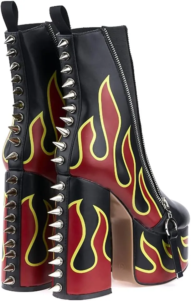 DETOGNI Women's Elastic band High Heels Rivets Ankle Boots Ladies Flames Totem Metal Zipper Thick Heels Punk Booties