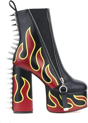 DETOGNI Women's Elastic band High Heels Rivets Ankle Boots Ladies Flames Totem Metal Zipper Thick Heels Punk Booties