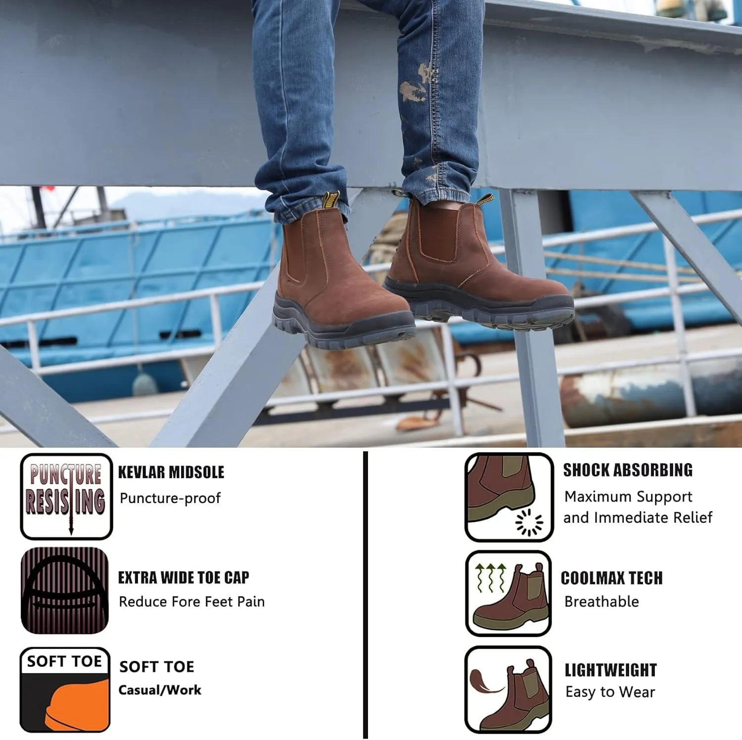 DIIG Work Boots for Men, Soft/Steel Toe Waterproof Working Boots, Slip Resistant Anti-Static Slip-on Safety EH Working Shoes 6 8 9 10 11 12 13 (Brown)