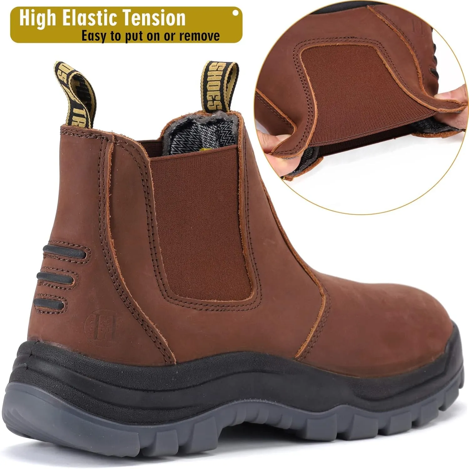 DIIG Work Boots for Men, Soft/Steel Toe Waterproof Working Boots, Slip Resistant Anti-Static Slip-on Safety EH Working Shoes 6 8 9 10 11 12 13 (Brown)