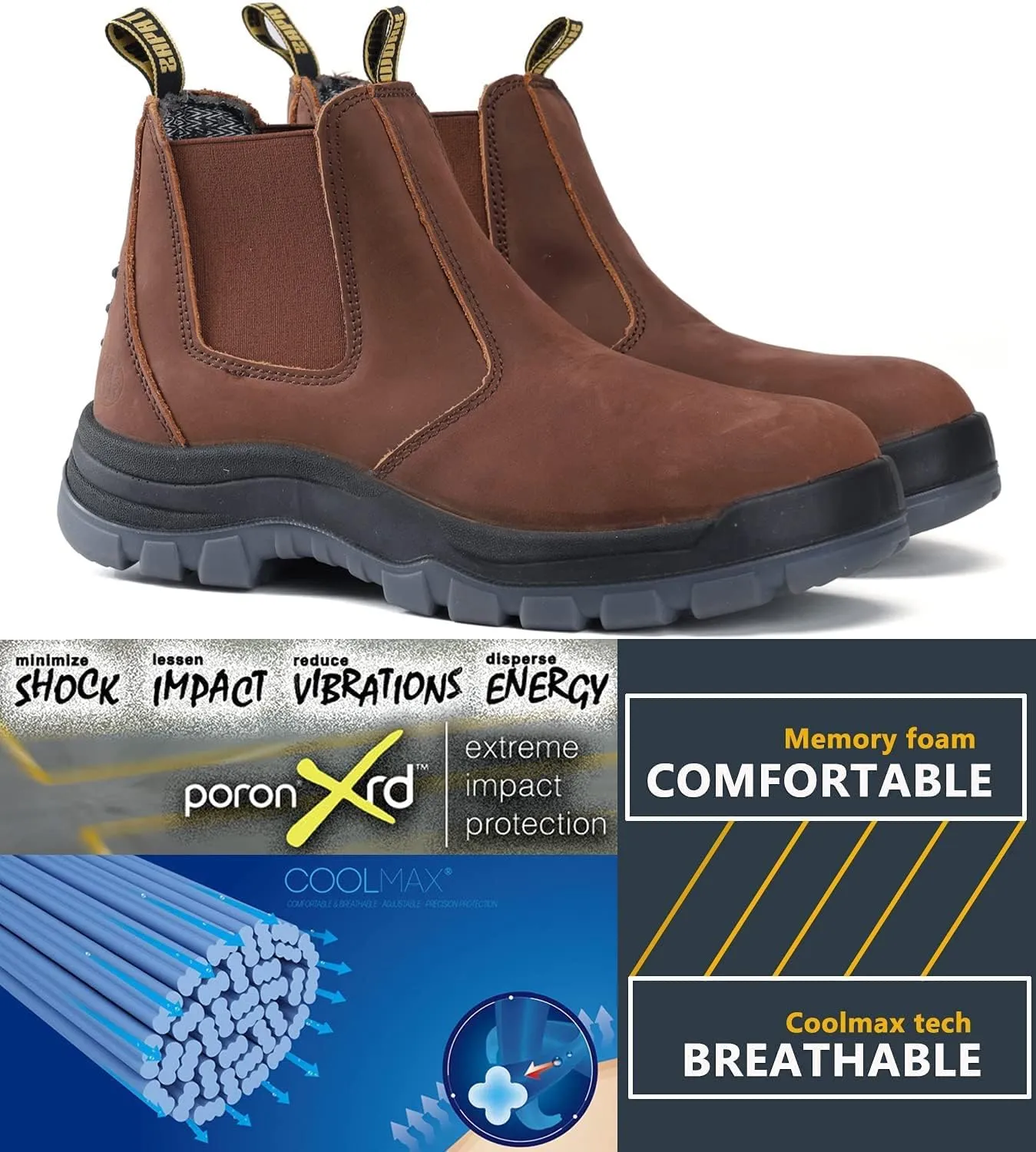 DIIG Work Boots for Men, Soft/Steel Toe Waterproof Working Boots, Slip Resistant Anti-Static Slip-on Safety EH Working Shoes 6 8 9 10 11 12 13 (Brown)