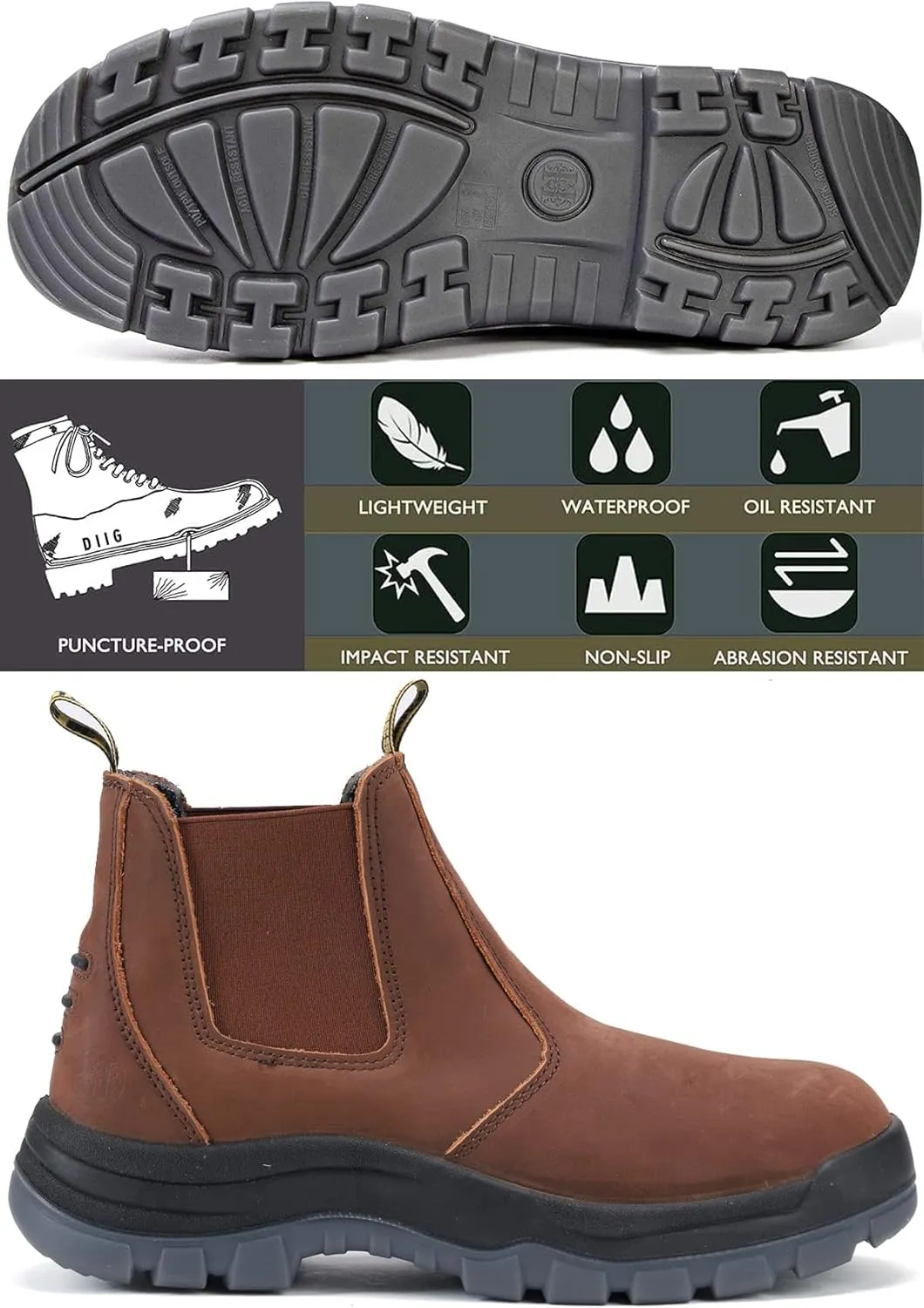 DIIG Work Boots for Men, Soft/Steel Toe Waterproof Working Boots, Slip Resistant Anti-Static Slip-on Safety EH Working Shoes 6 8 9 10 11 12 13 (Brown)