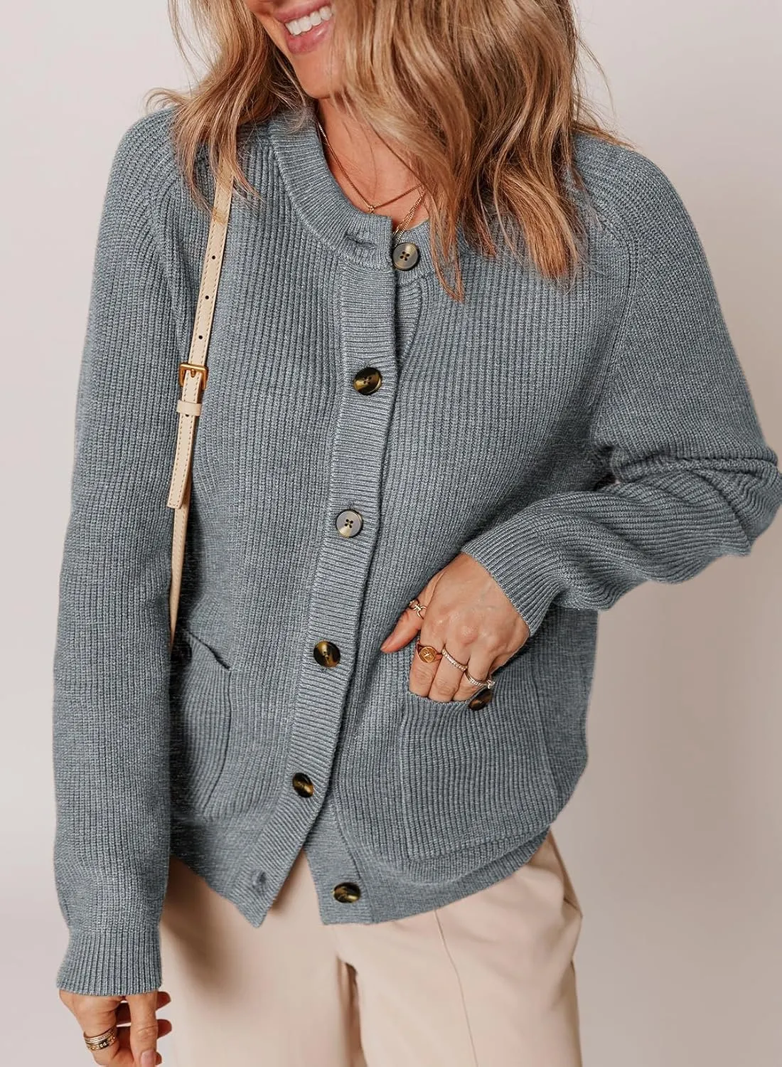 Dokotoo Cardigan Sweaters for Women Casual Long Sleeve Crewneck Button Down Cable Knit Sweater Tops with Pockets