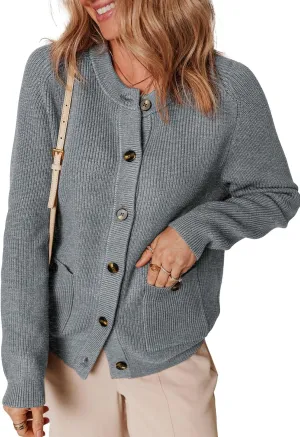 Dokotoo Cardigan Sweaters for Women Casual Long Sleeve Crewneck Button Down Cable Knit Sweater Tops with Pockets