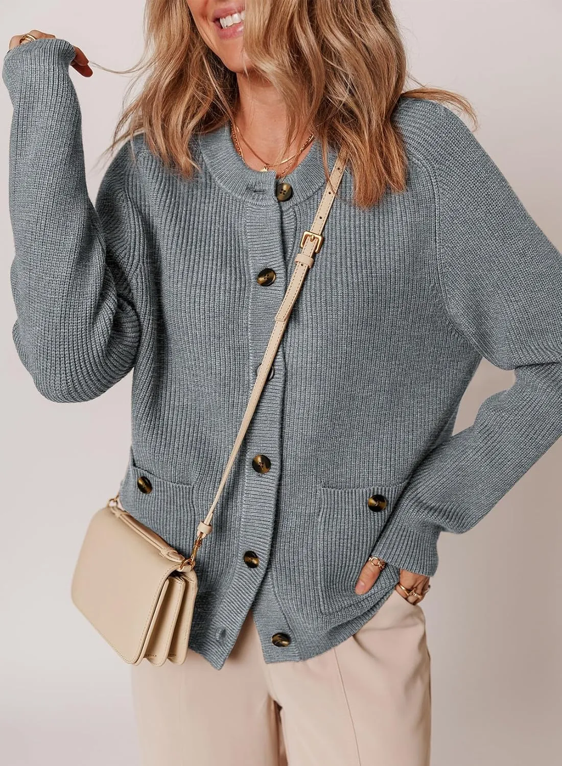 Dokotoo Cardigan Sweaters for Women Casual Long Sleeve Crewneck Button Down Cable Knit Sweater Tops with Pockets