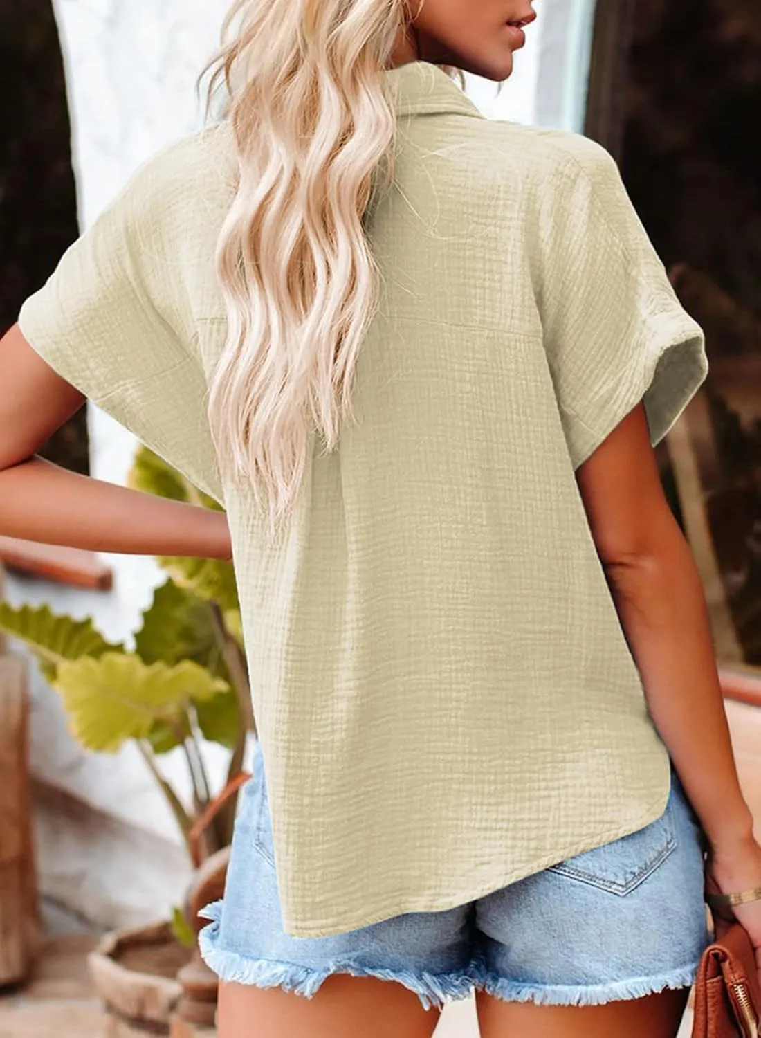 Dokotoo Casual V Neck Button Down Shirts for Women Solid Short Sleeve Blouse Tops