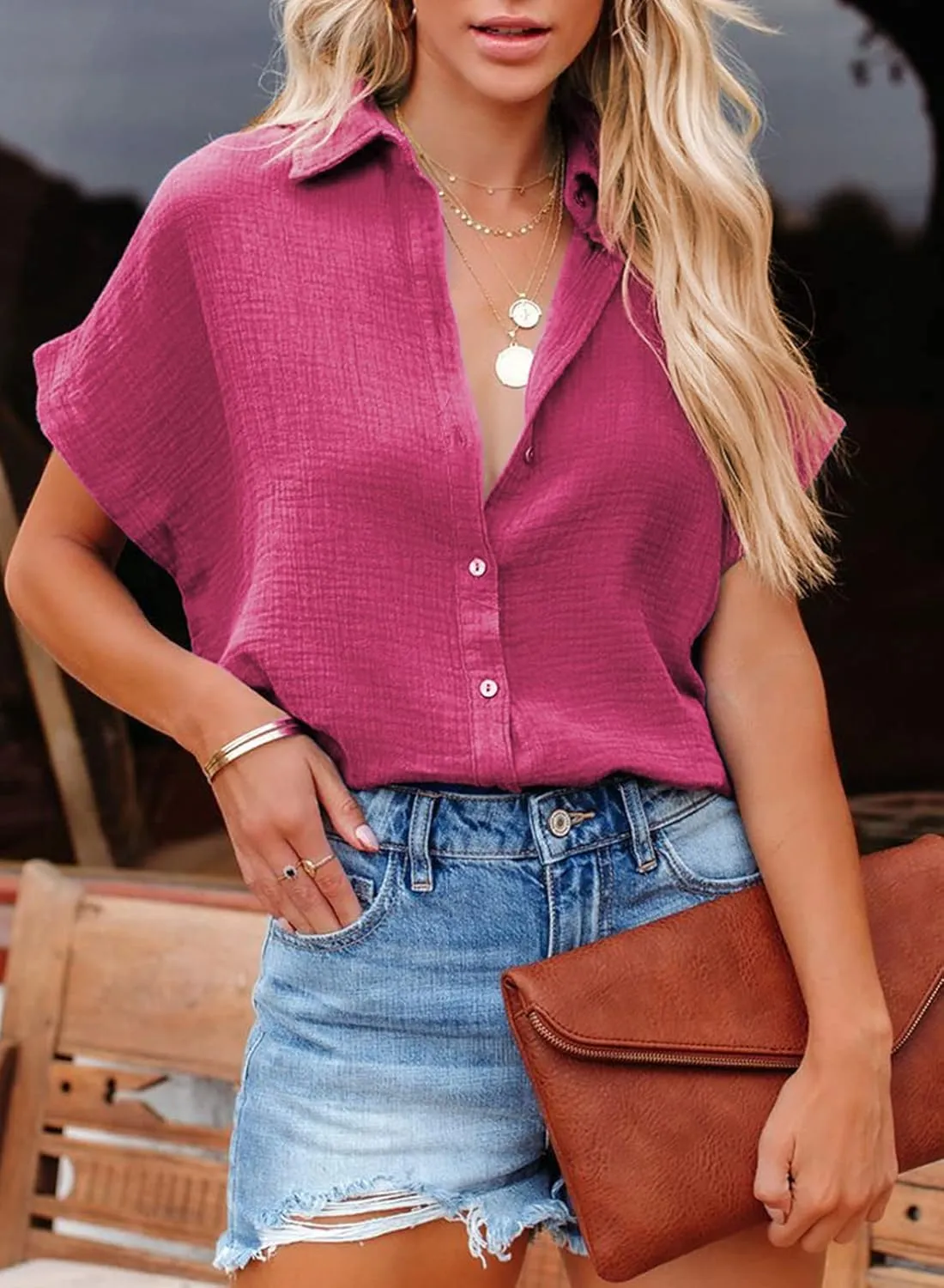 Dokotoo Casual V Neck Button Down Shirts for Women Solid Short Sleeve Blouse Tops