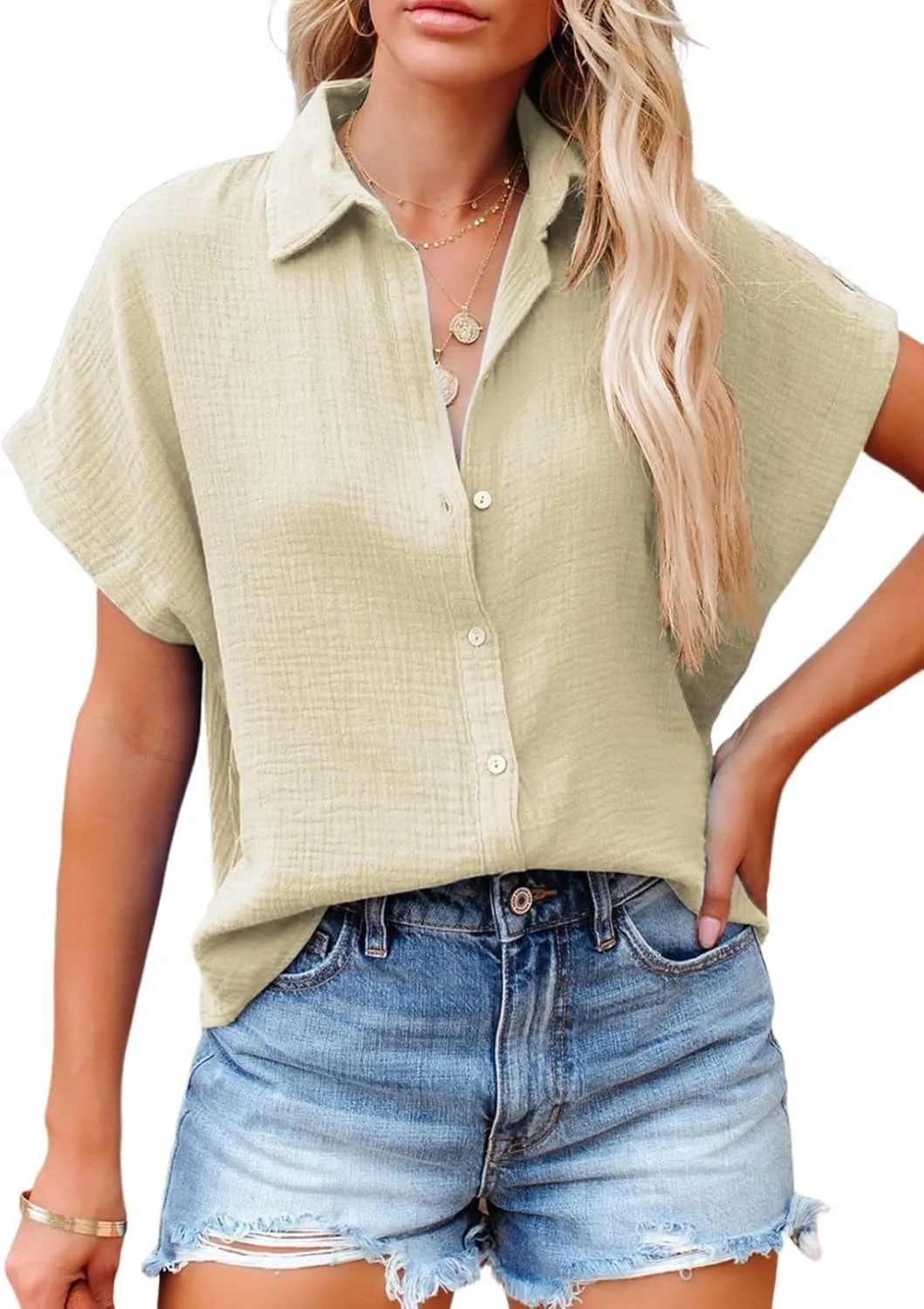 Dokotoo Casual V Neck Button Down Shirts for Women Solid Short Sleeve Blouse Tops