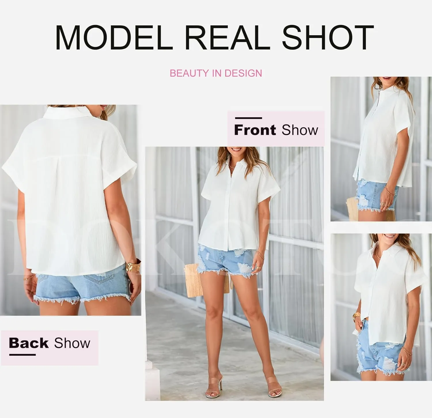 Dokotoo Casual V Neck Button Down Shirts for Women Solid Short Sleeve Blouse Tops