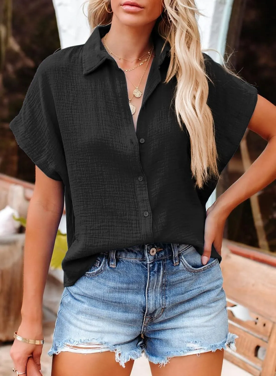 Dokotoo Casual V Neck Button Down Shirts for Women Solid Short Sleeve Blouse Tops