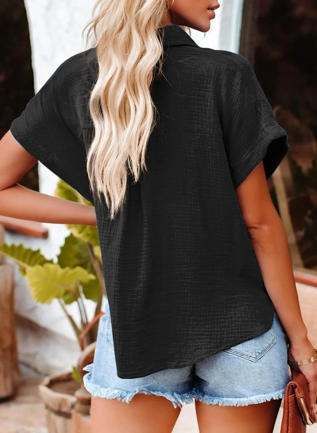 Dokotoo Casual V Neck Button Down Shirts for Women Solid Short Sleeve Blouse Tops