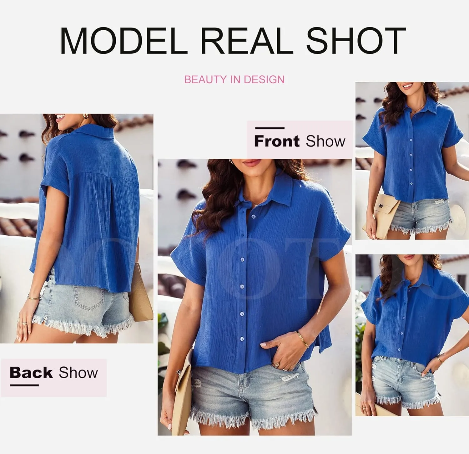 Dokotoo Casual V Neck Button Down Shirts for Women Solid Short Sleeve Blouse Tops