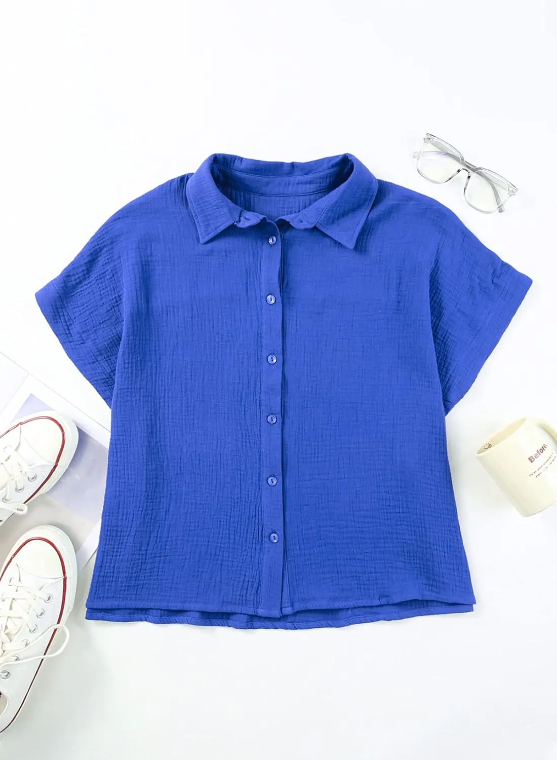 Dokotoo Casual V Neck Button Down Shirts for Women Solid Short Sleeve Blouse Tops