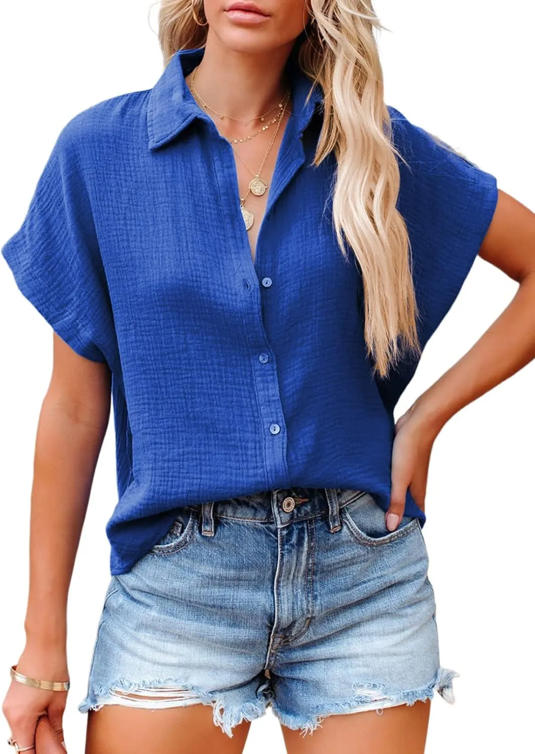 Dokotoo Casual V Neck Button Down Shirts for Women Solid Short Sleeve Blouse Tops