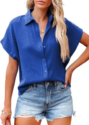 Dokotoo Casual V Neck Button Down Shirts for Women Solid Short Sleeve Blouse Tops