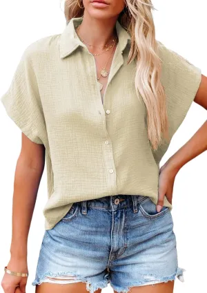 Dokotoo Casual V Neck Button Down Shirts for Women Solid Short Sleeve Blouse Tops