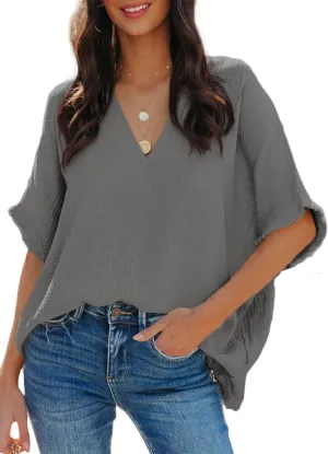Dokotoo Casual Womens Short Sleeve V Neck Shirts Oversized Solid Blouses Tops