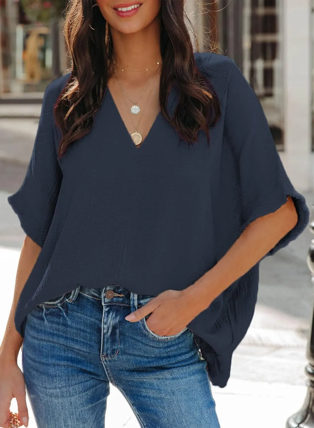 Dokotoo Casual Womens Short Sleeve V Neck Shirts Oversized Solid Blouses Tops
