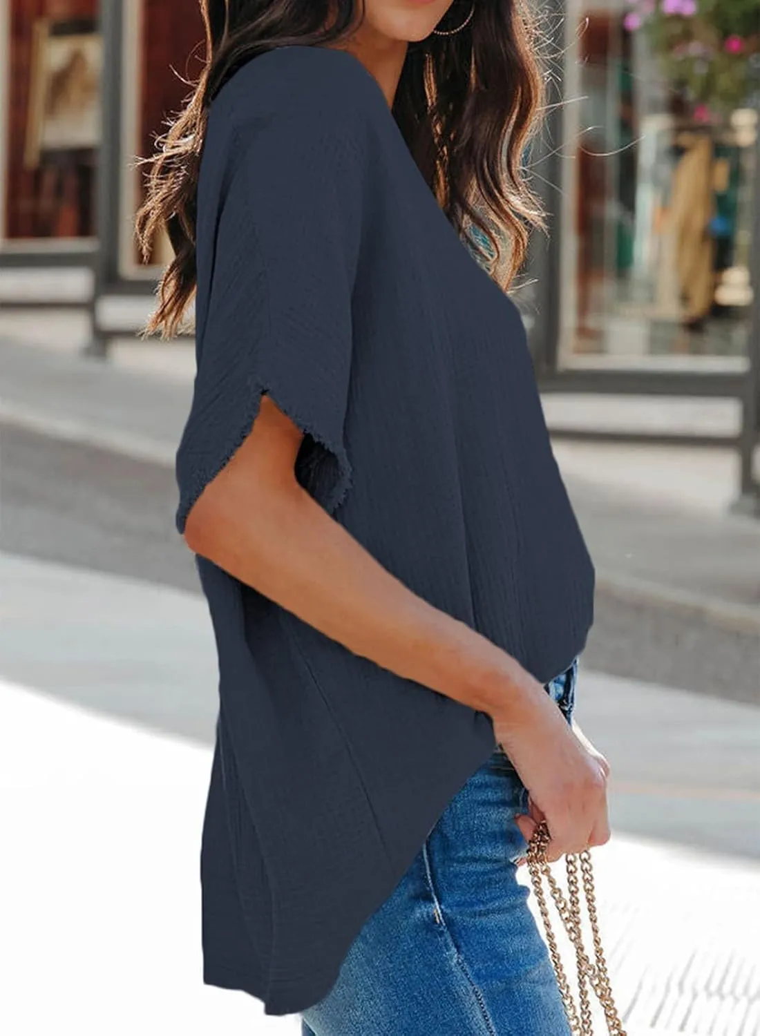 Dokotoo Casual Womens Short Sleeve V Neck Shirts Oversized Solid Blouses Tops
