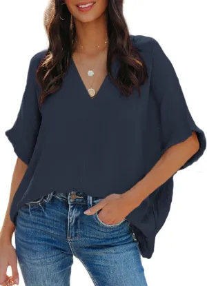Dokotoo Casual Womens Short Sleeve V Neck Shirts Oversized Solid Blouses Tops