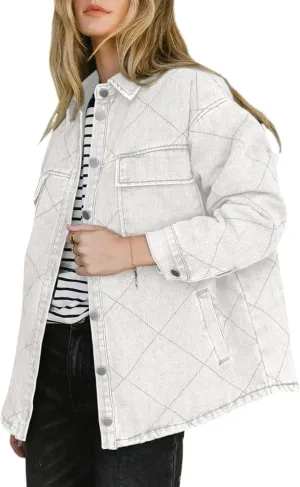 Dokotoo Denim Jacket for Women Fashion Solid Oversized Long Sleeve Button Down Shacket Jacket Coat with Pockets