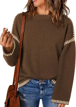 Dokotoo Sweaters for Women Fashion Solid Crewneck Loose Fit Long Sleeve Contrast Cable Knit Pullover Sweater Jumper Tops