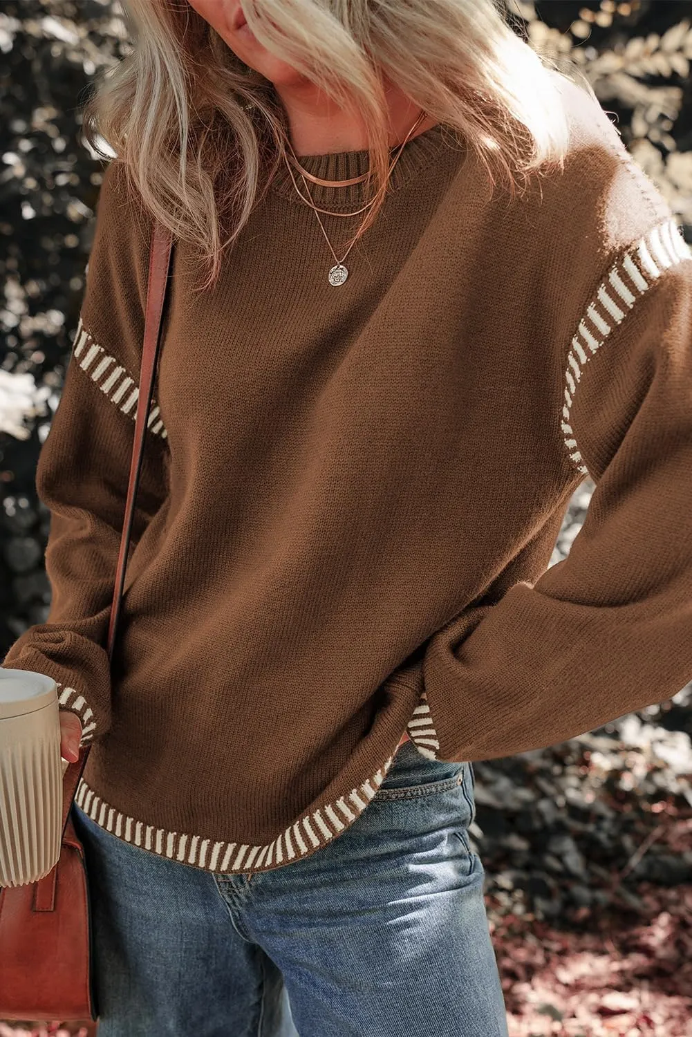 Dokotoo Sweaters for Women Fashion Solid Crewneck Loose Fit Long Sleeve Contrast Cable Knit Pullover Sweater Jumper Tops