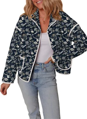 Dokotoo Warm Quilted Jackets for Women Long Sleeve Floral Print Button Down Puffer Jacket Coats with Pockets